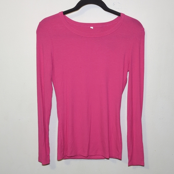 Tops - Pink Ribbed Long-Sleeve Crewneck Stretchy Rayon Shirt No Brand Women's Size S
